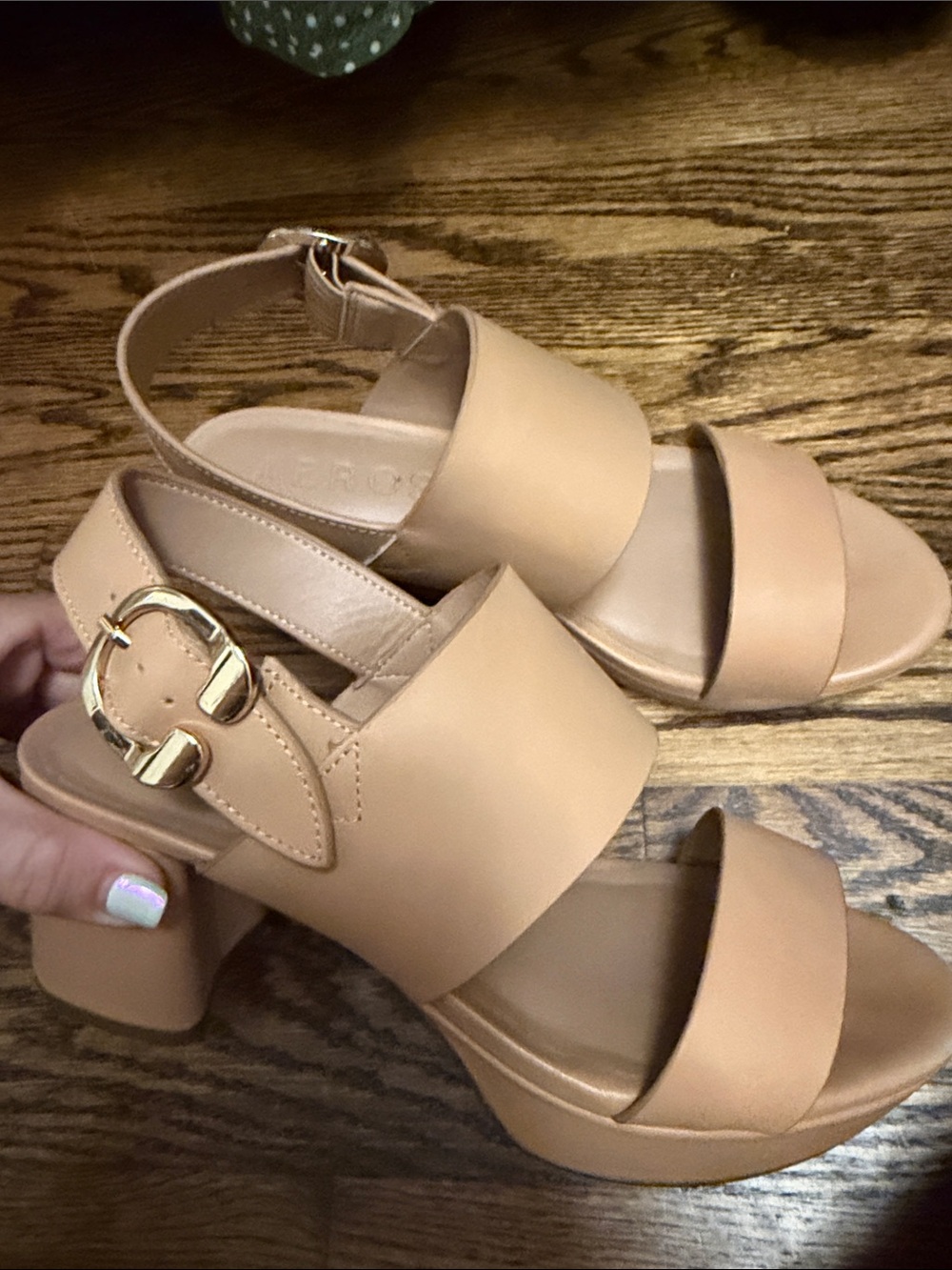 AEROSOLES Nude Tan Block Heel Sandals with Gold Buckle